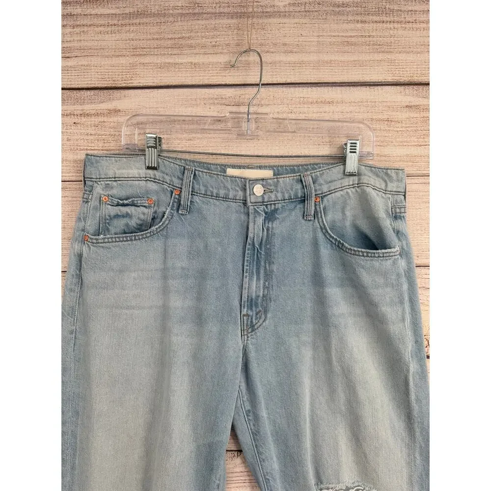 Mother Mid‎ Rise Rambler Zip Flood Jeans Womens 34 Blue Light Wash Ripped Off